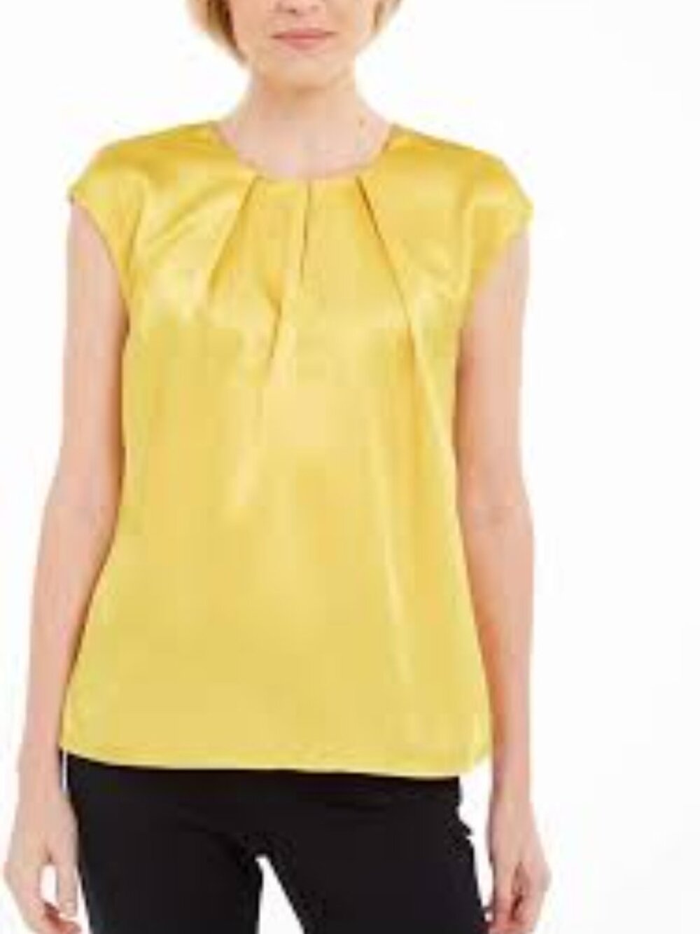 NWT Kasper Sz S Blouse Sleeveless Charmeuse Dandelion Yellow Round Pleated Neck